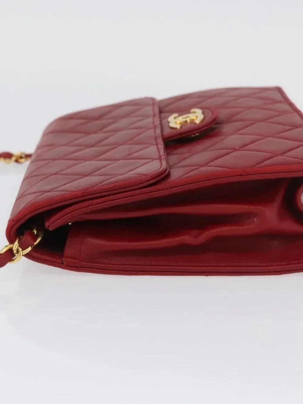 CHANEL Matelasse Chain Shoulder Bag Lamb Skin Red Gold CC Auth YKZ368